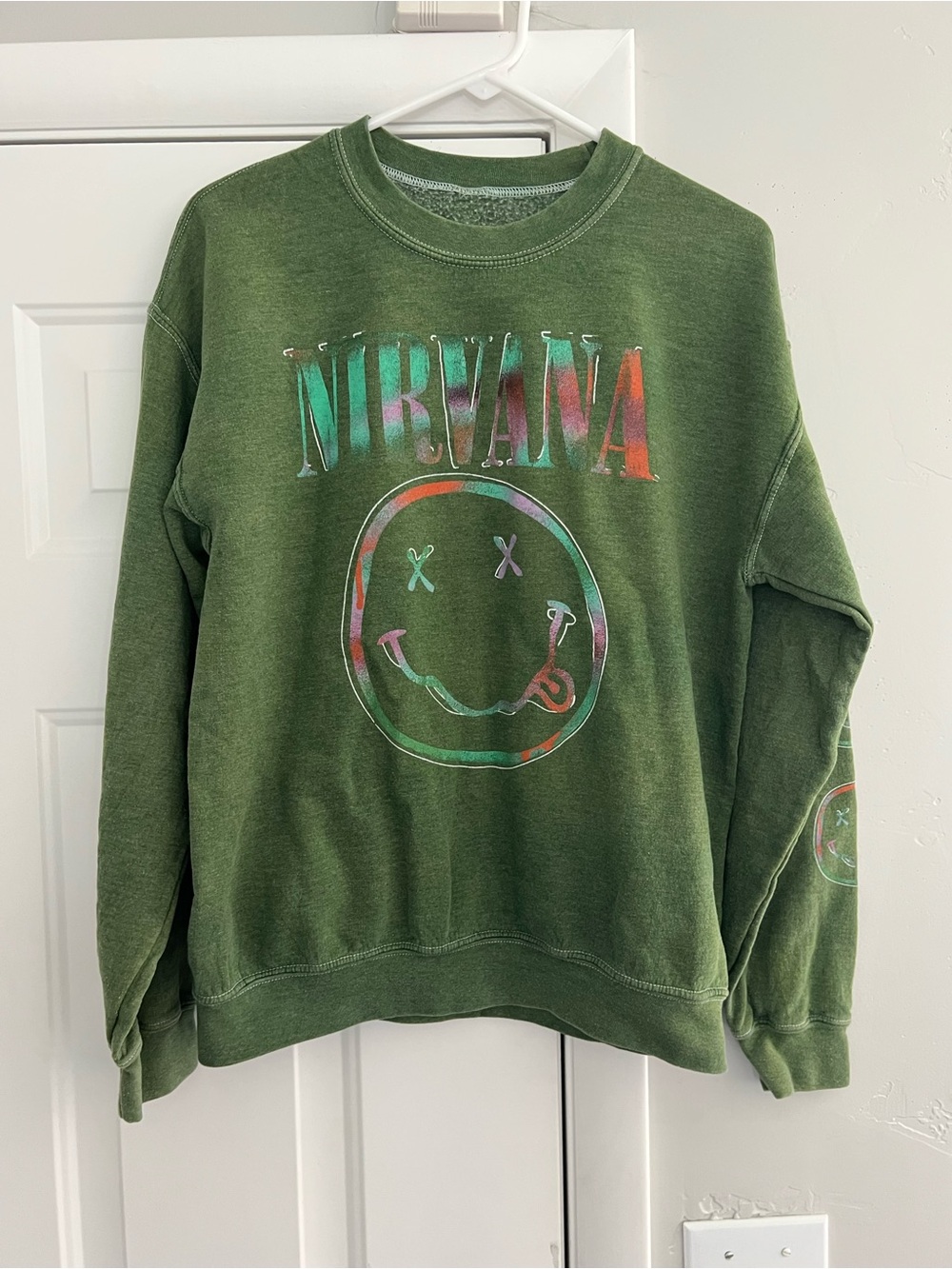 NIRVANA Olive Green Tie-Dye Smiley Crewneck Sweatshirt